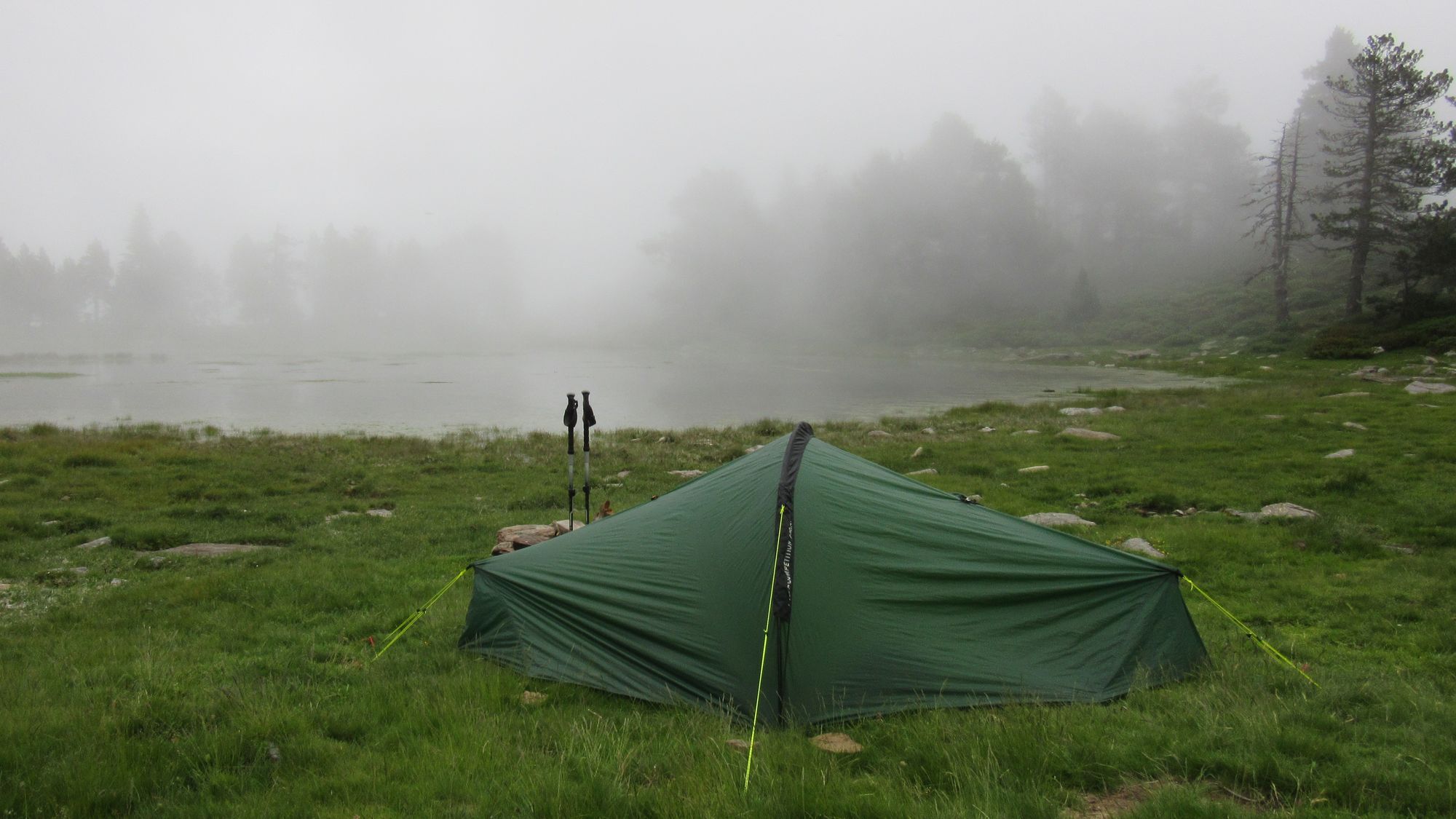 Camped besides a misty Lac des Cortalets.