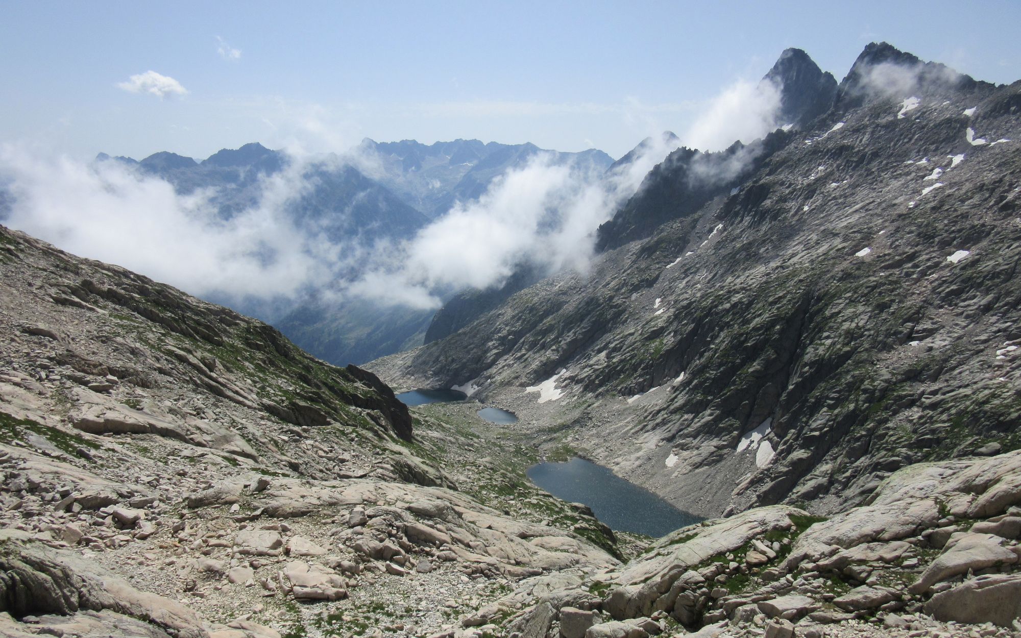 Looking back down to Estanys de Molieres from the climb to the col.